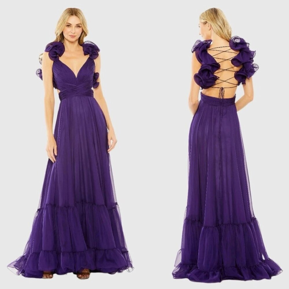 Mac Duggal Deep Purple Ruffle-Sleeve Lace-Up Back Maxi Gown